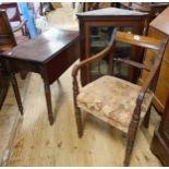 A mahogany Pembroke table, 83 cm wide, a corner cabinet, and an armchair (3)