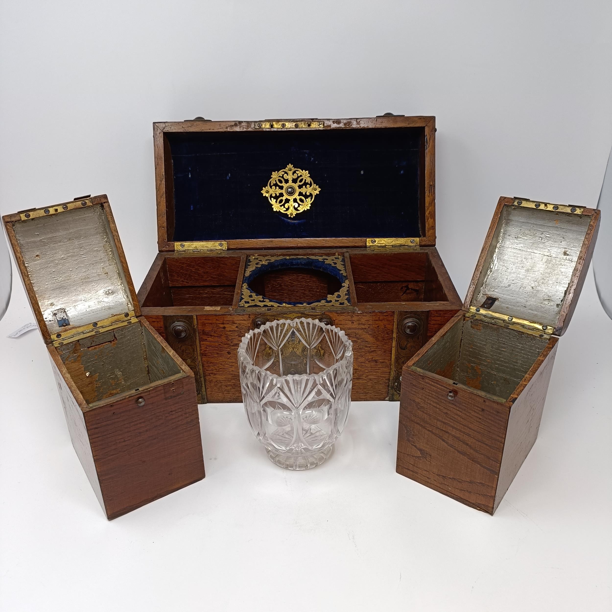 *** Withdrawn***A 19th century oak and brass bound tea caddy, with a hinge lid to reveal - Image 2 of 11