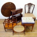 An oak tilt top table, 70 cm diameter, a piano stool, a simngle chair, a canterbury, a Sutherland