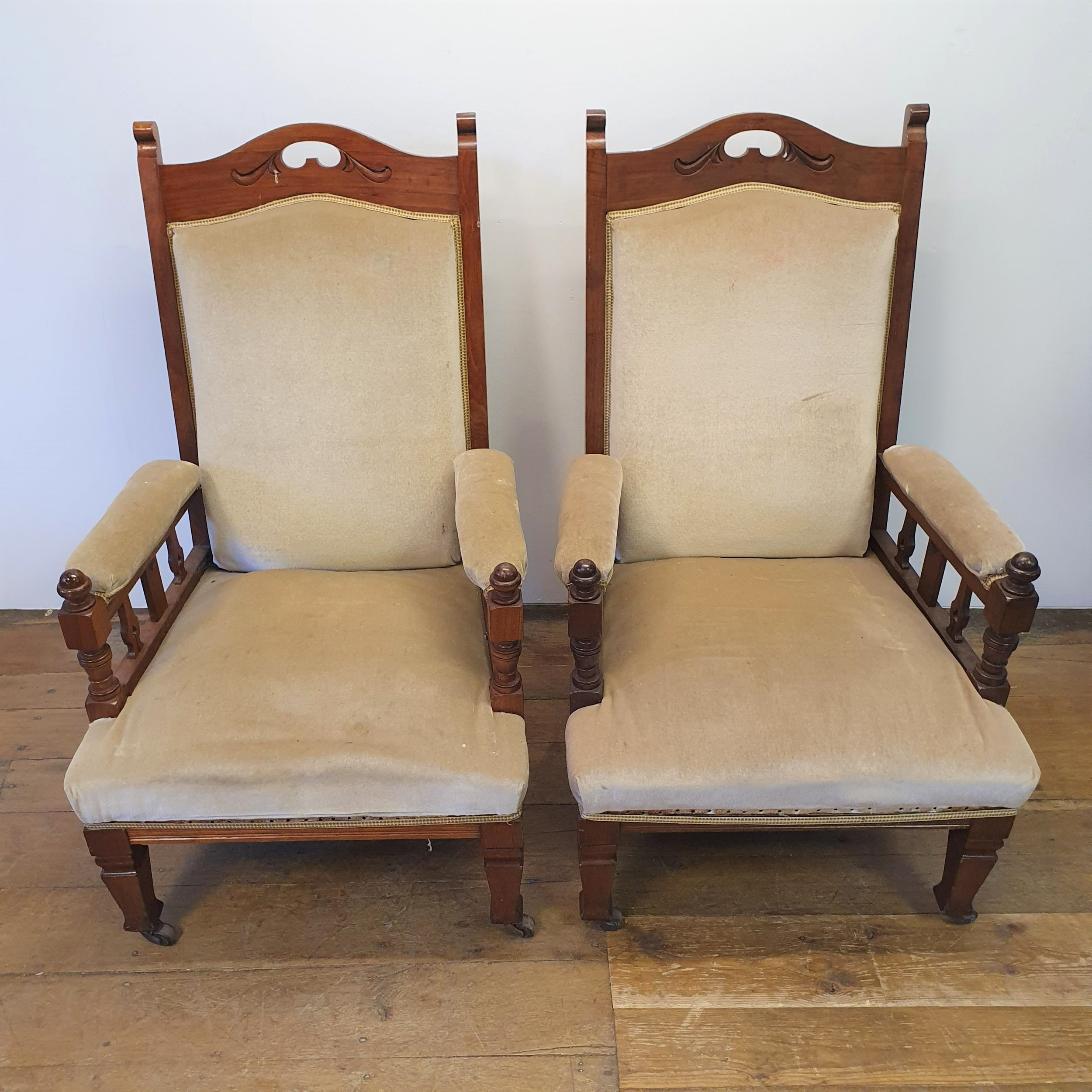 A pair of early 20th century Arts & Crafts style walnut armchairs, with padded backs, arms and seat, - Image 2 of 3