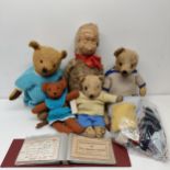 Assorted well loved teddy bears, dolls and postcards (box)