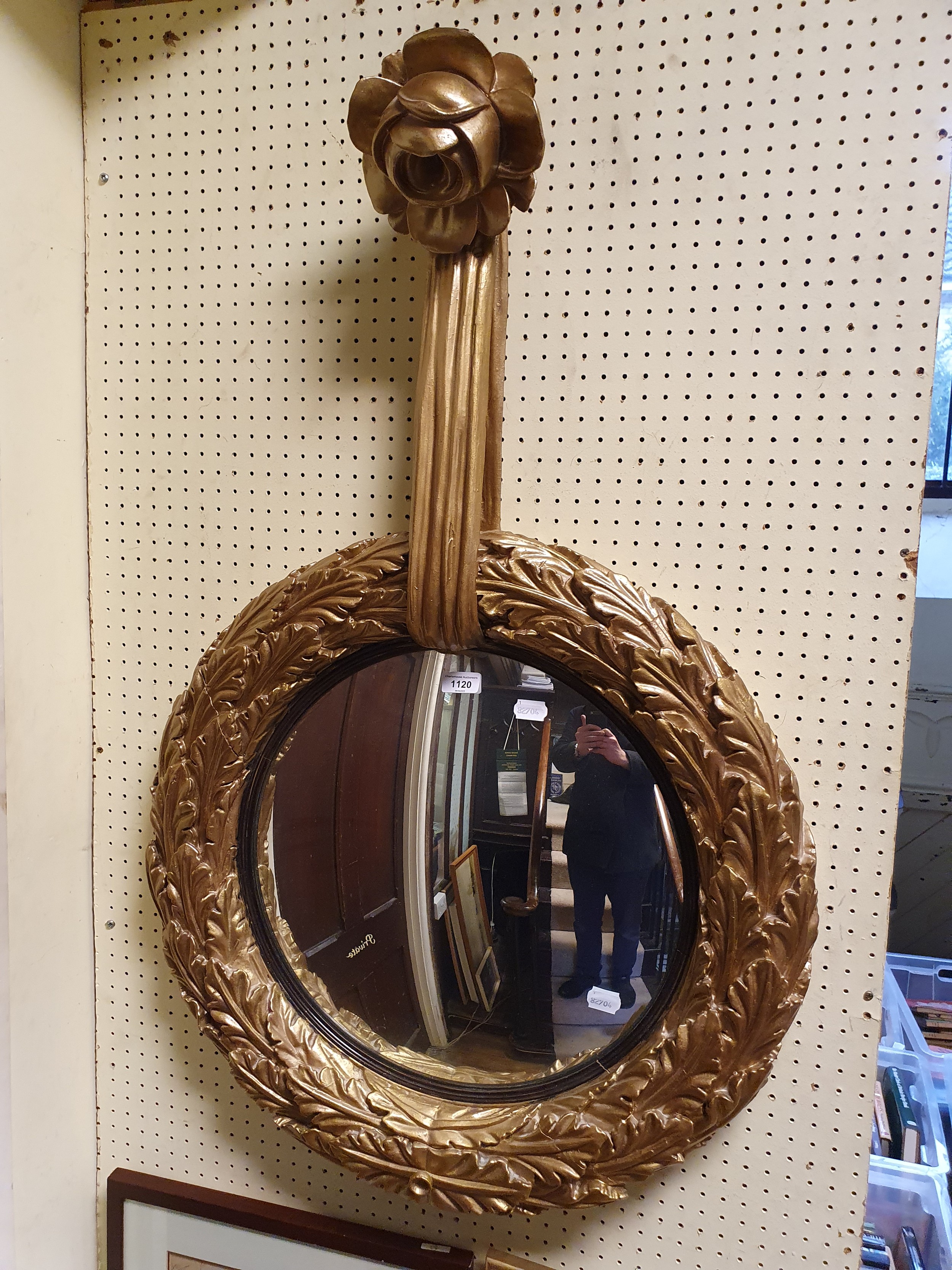 An unusual 19th century carved wood gilt framed mirror, with rose and ribbon finial, 66 cm - Image 2 of 5