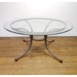 A 20th century glass topped table, on a metal frame, 160 cm diameter