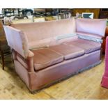 A pink upholstered drop end Knoll type sofa, 180 cm wide Upholstery very worn, variation of