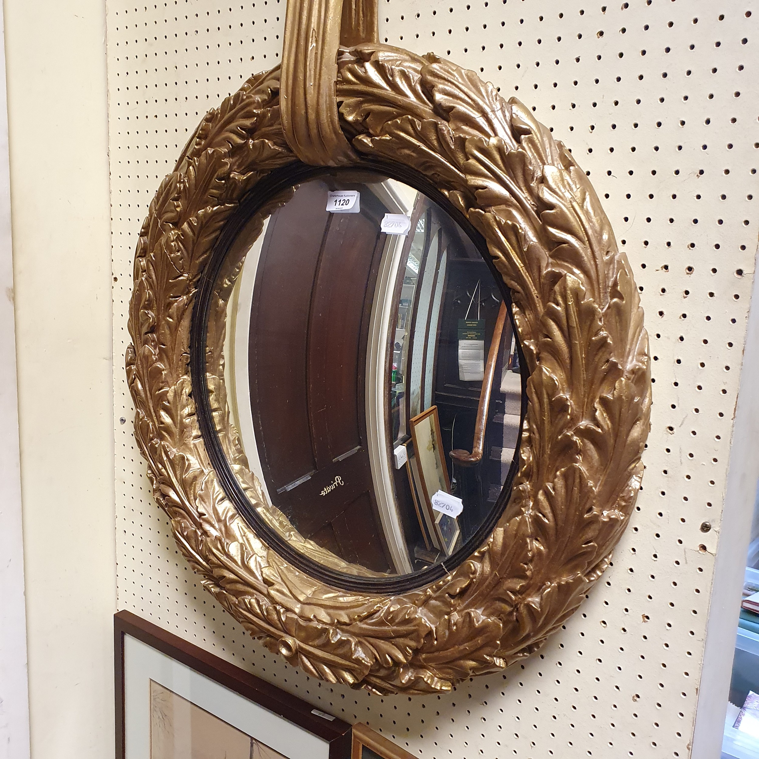 An unusual 19th century carved wood gilt framed mirror, with rose and ribbon finial, 66 cm - Image 3 of 5