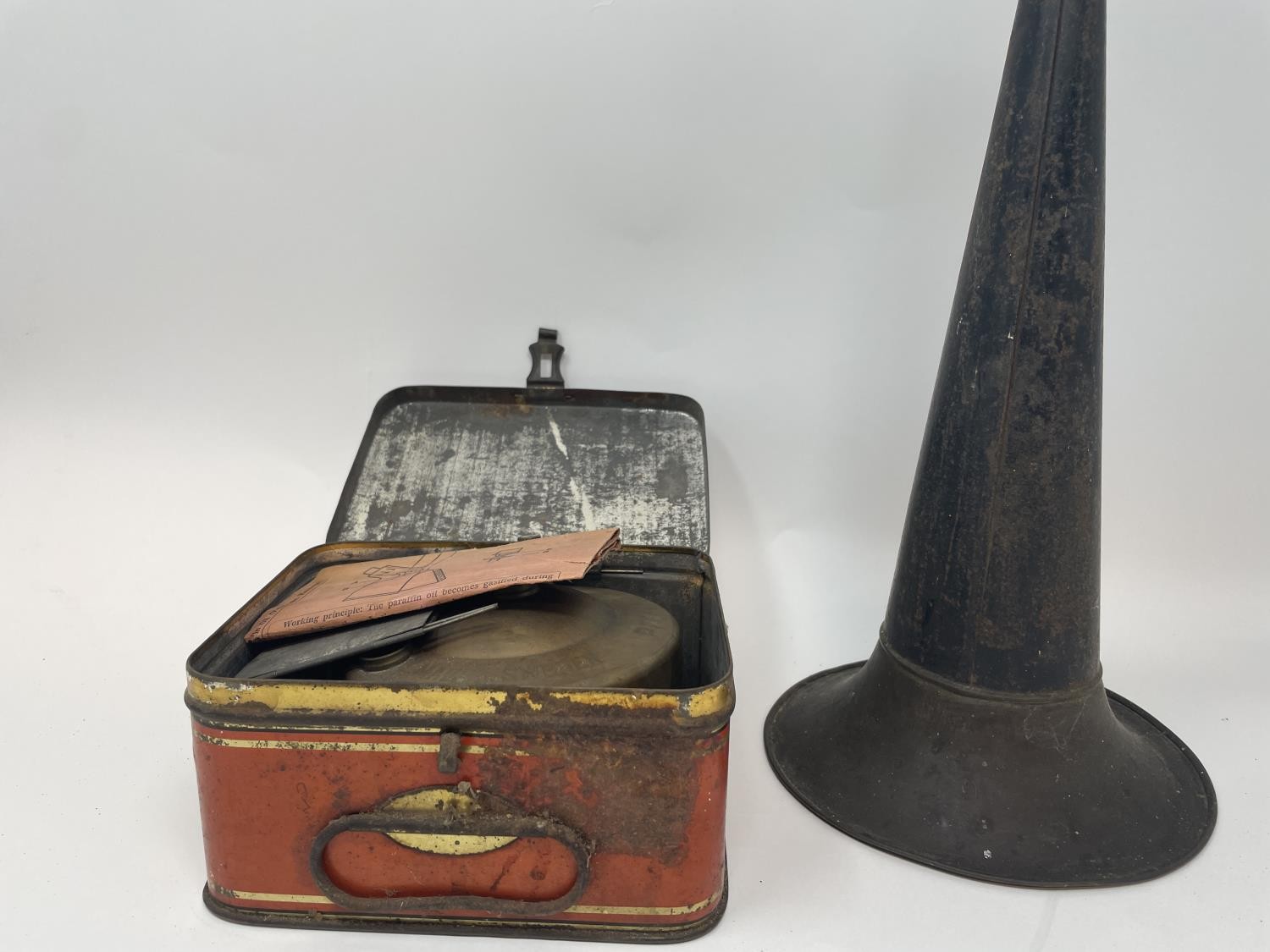 An Edison phonograph, in an oak case, assorted cylinders, a paraffin lamp, and a walking stick (4) - Image 5 of 5