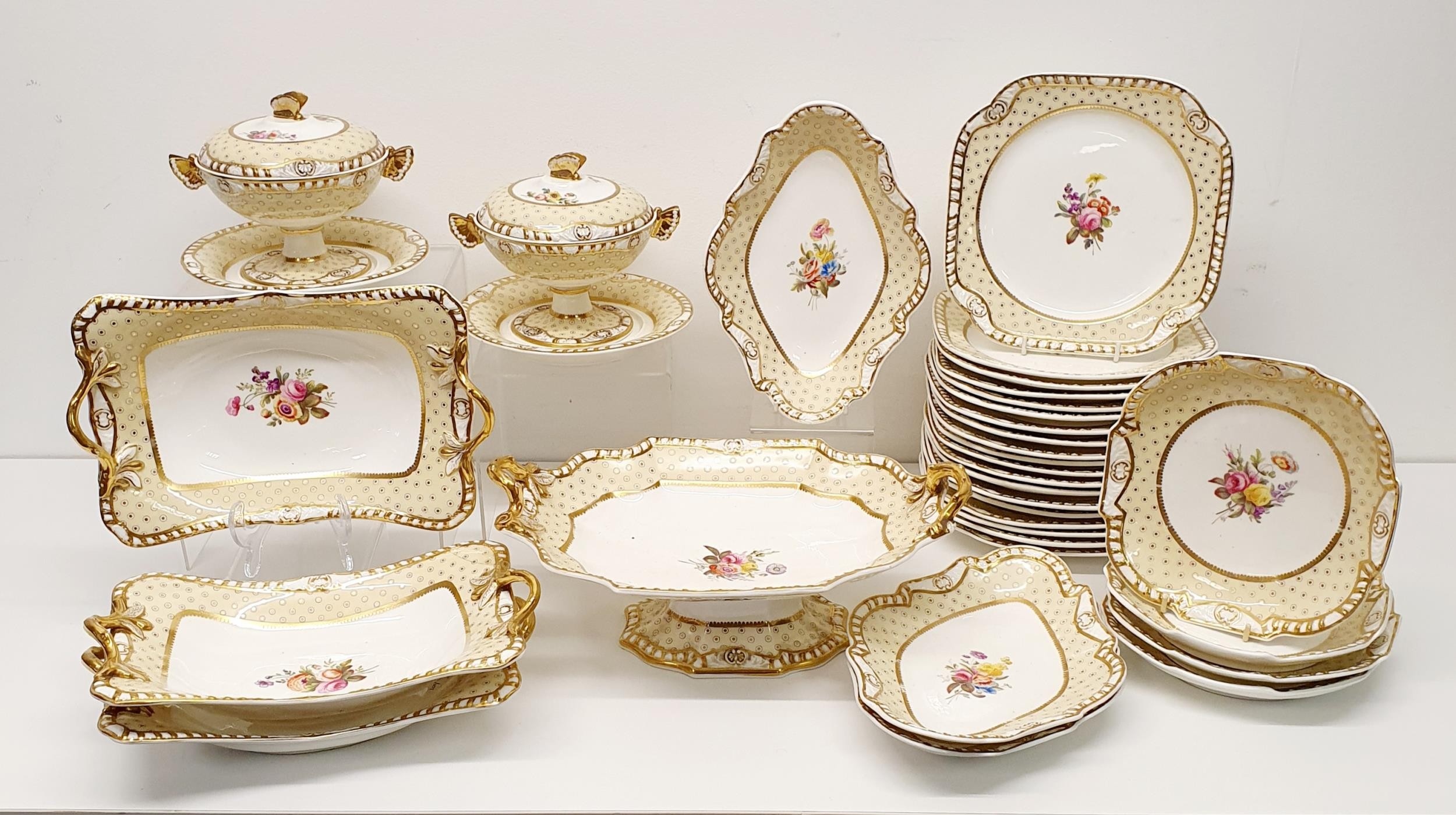 A 19th century Spode part dessert service, with a yellow border, centre decorated flowers,