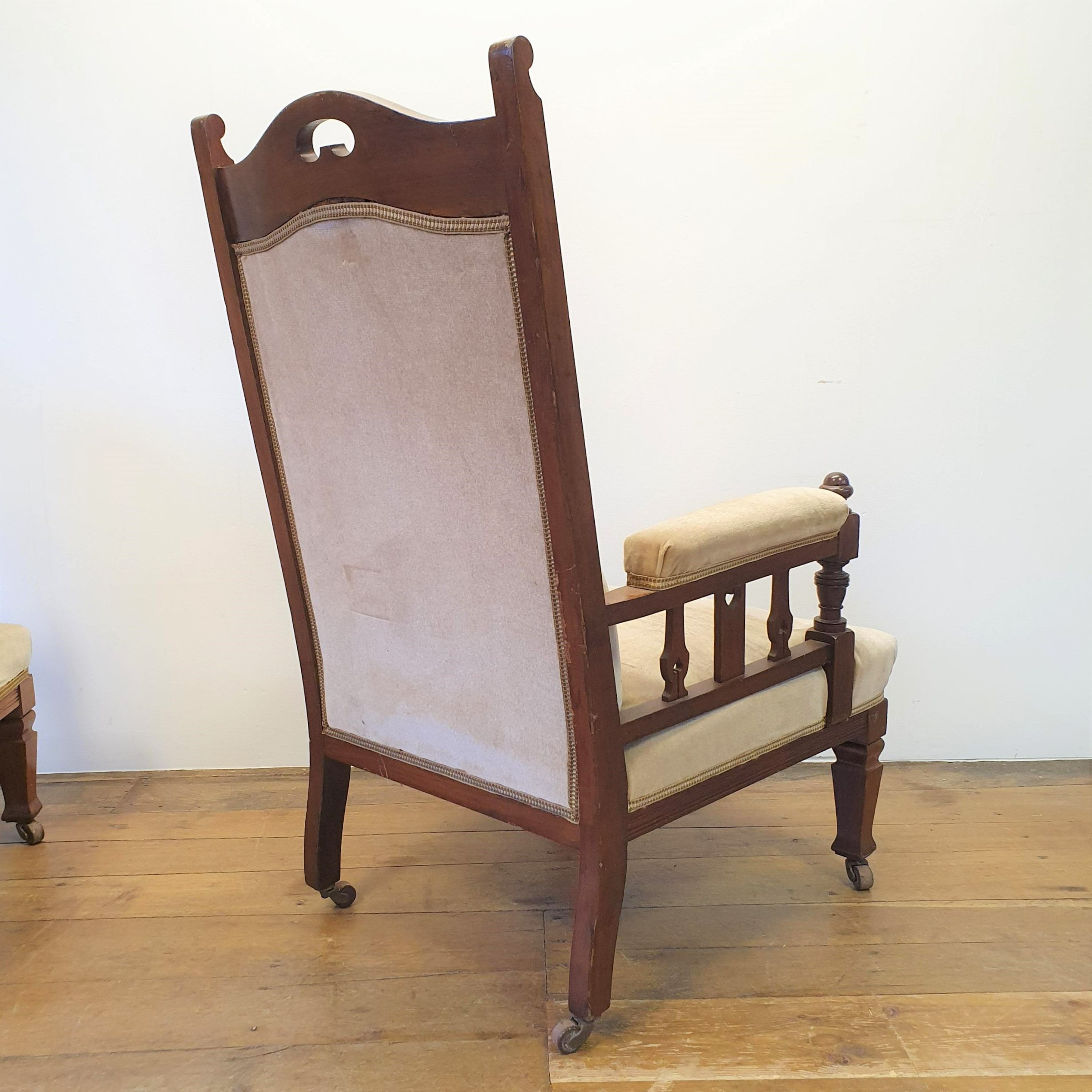 A pair of early 20th century Arts & Crafts style walnut armchairs, with padded backs, arms and seat, - Image 3 of 3