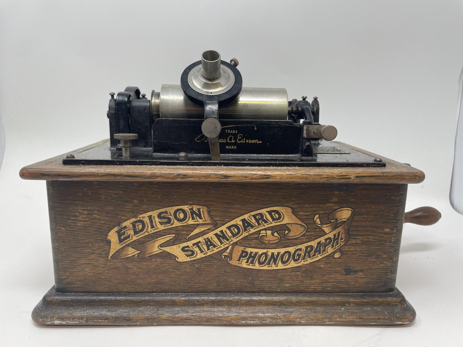 An Edison phonograph, in an oak case, assorted cylinders, a paraffin lamp, and a walking stick (4) - Image 2 of 5