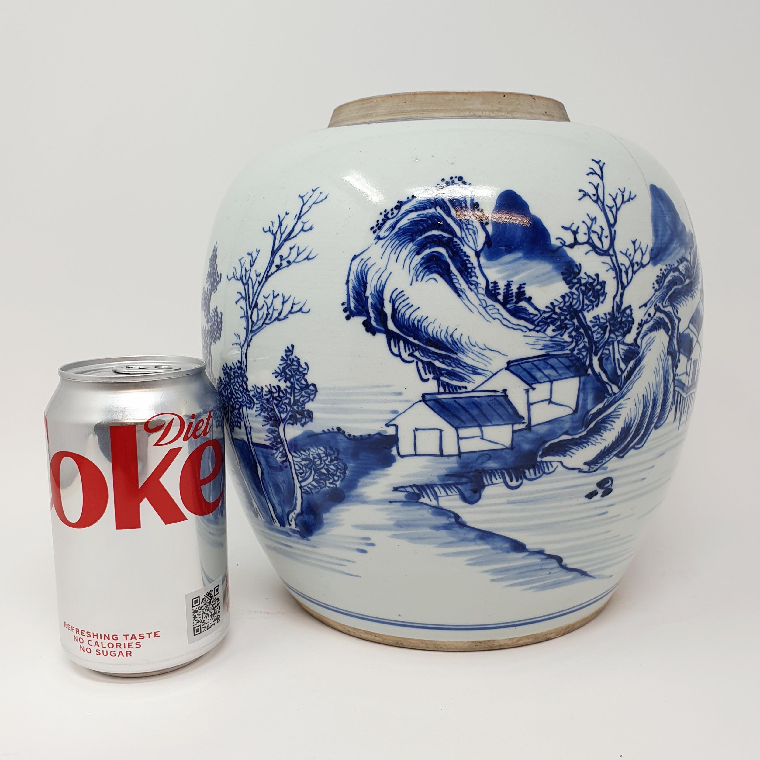 A Chinese blue and white ginger jar, decorated a landscape, 25 cm high Lacking a lid and hairline