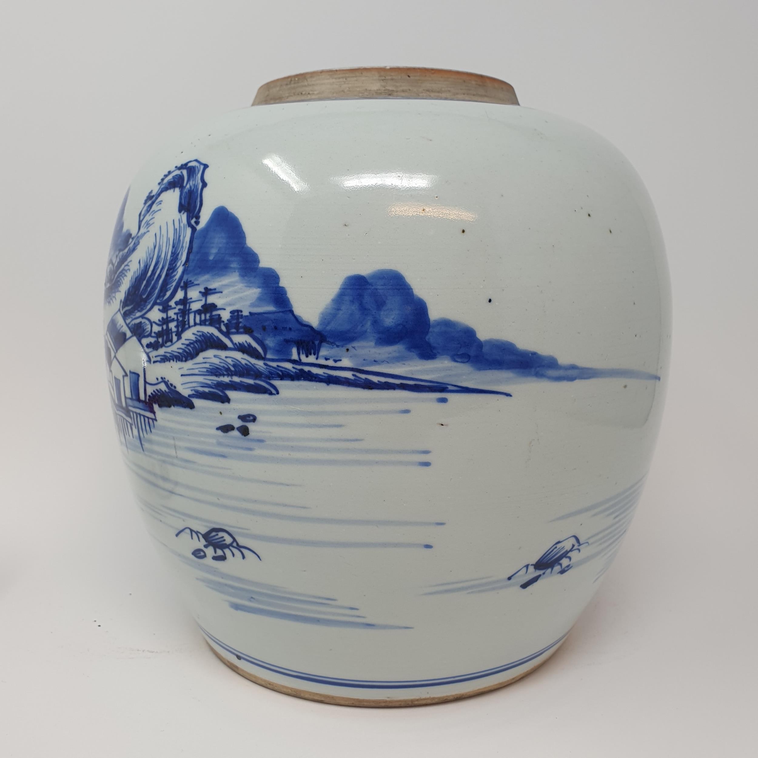 A Chinese blue and white ginger jar, decorated a landscape, 25 cm high Lacking a lid and hairline - Image 3 of 10