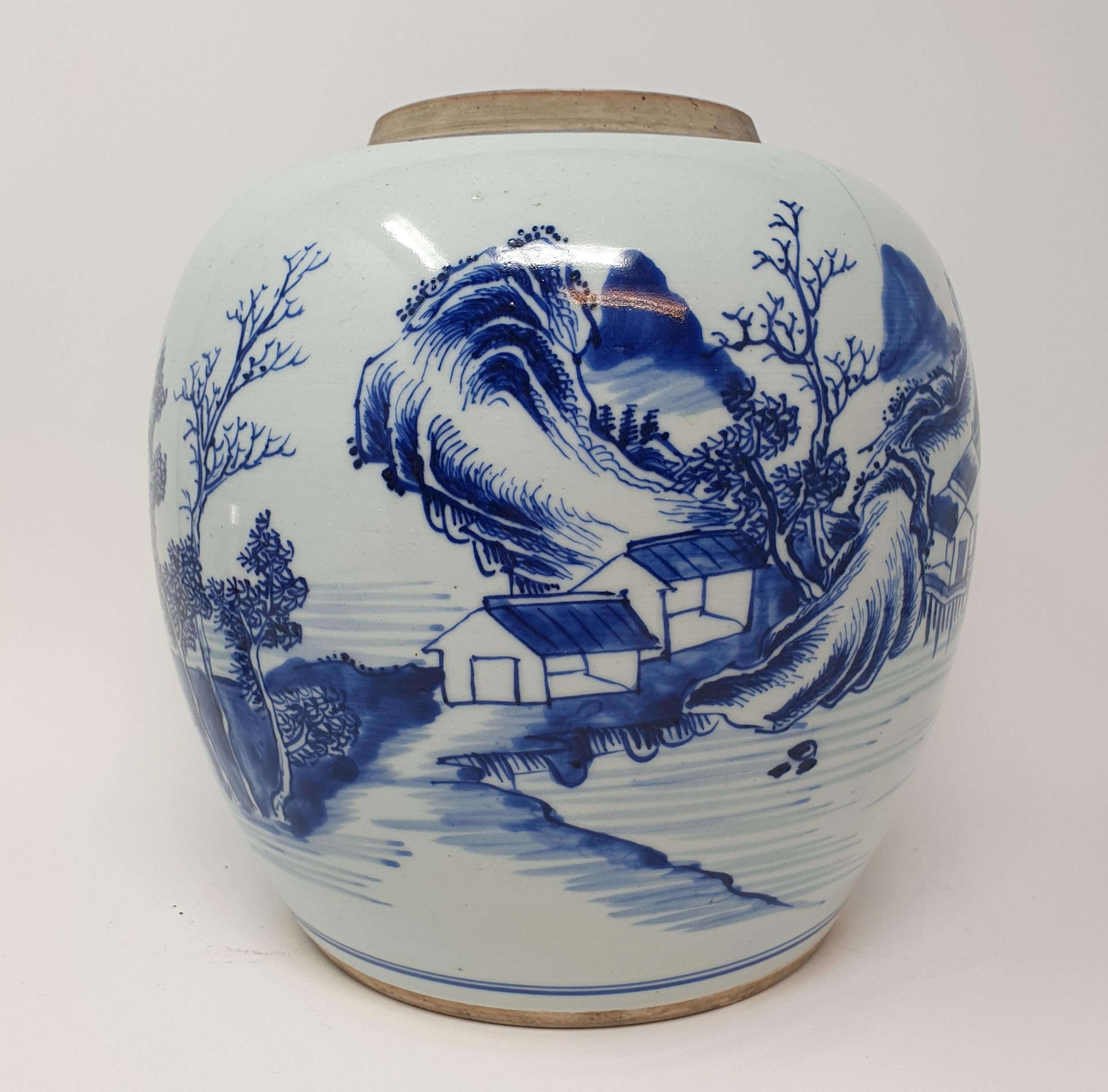 A Chinese blue and white ginger jar, decorated a landscape, 25 cm high Lacking a lid and hairline - Image 2 of 10