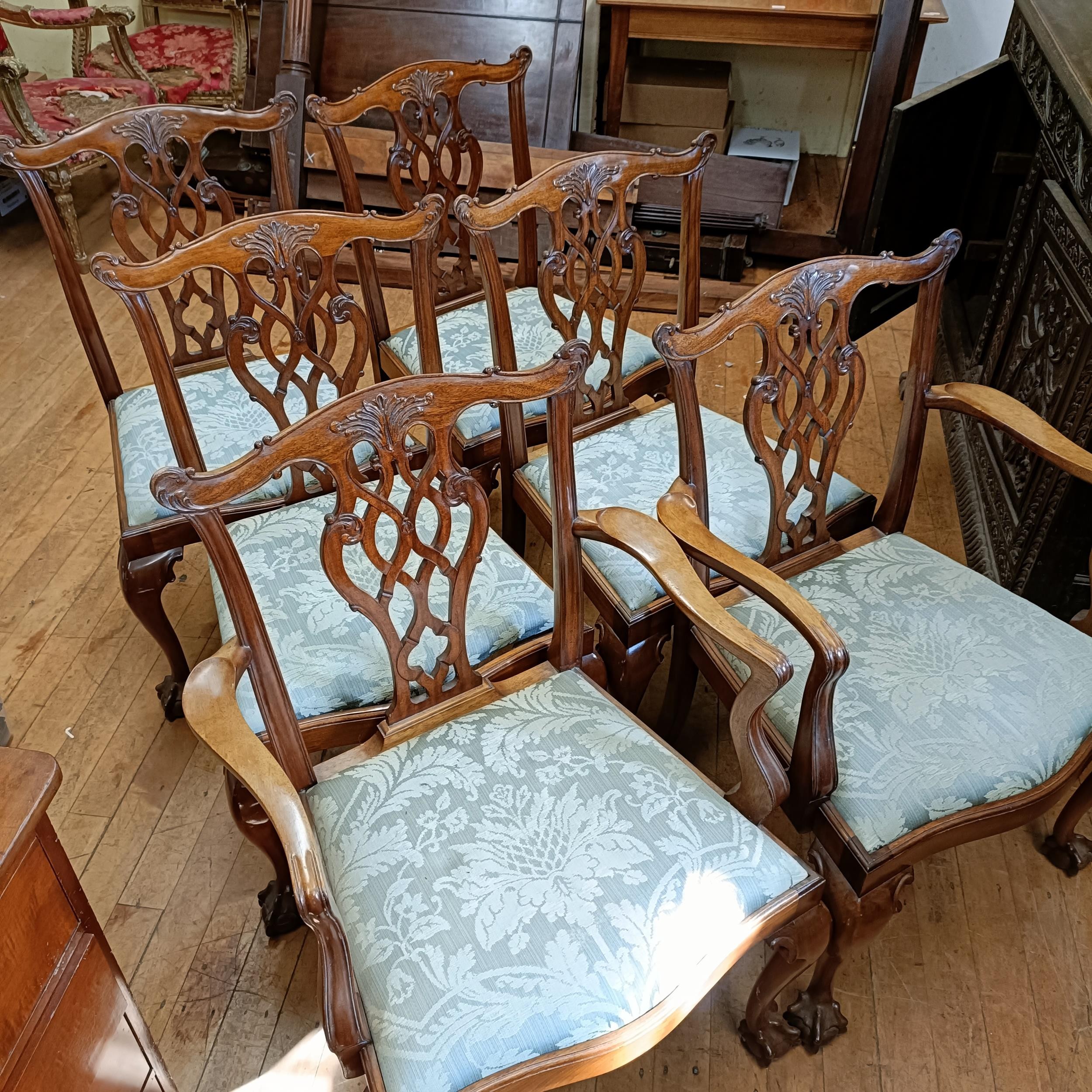 A set of six Chippendale style mahogany dining chairs with pierced splats, drop in seats, cabriole - Image 3 of 9