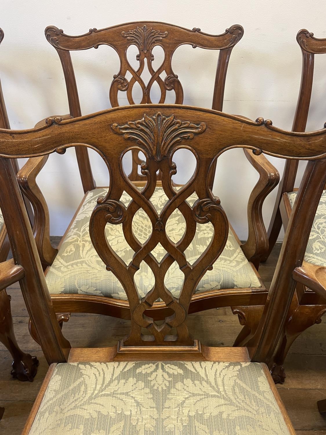 A set of six Chippendale style mahogany dining chairs with pierced splats, drop in seats, cabriole - Image 8 of 9