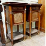 A pair of Thonet walnut marble top bedside cupboards, label verso, Jacob Josef Kohn of Wien, 40 cm