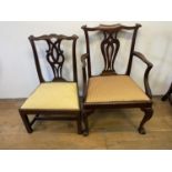 A Chippendale style mahogany armchair, another, and a single chair (3) One chair broken see