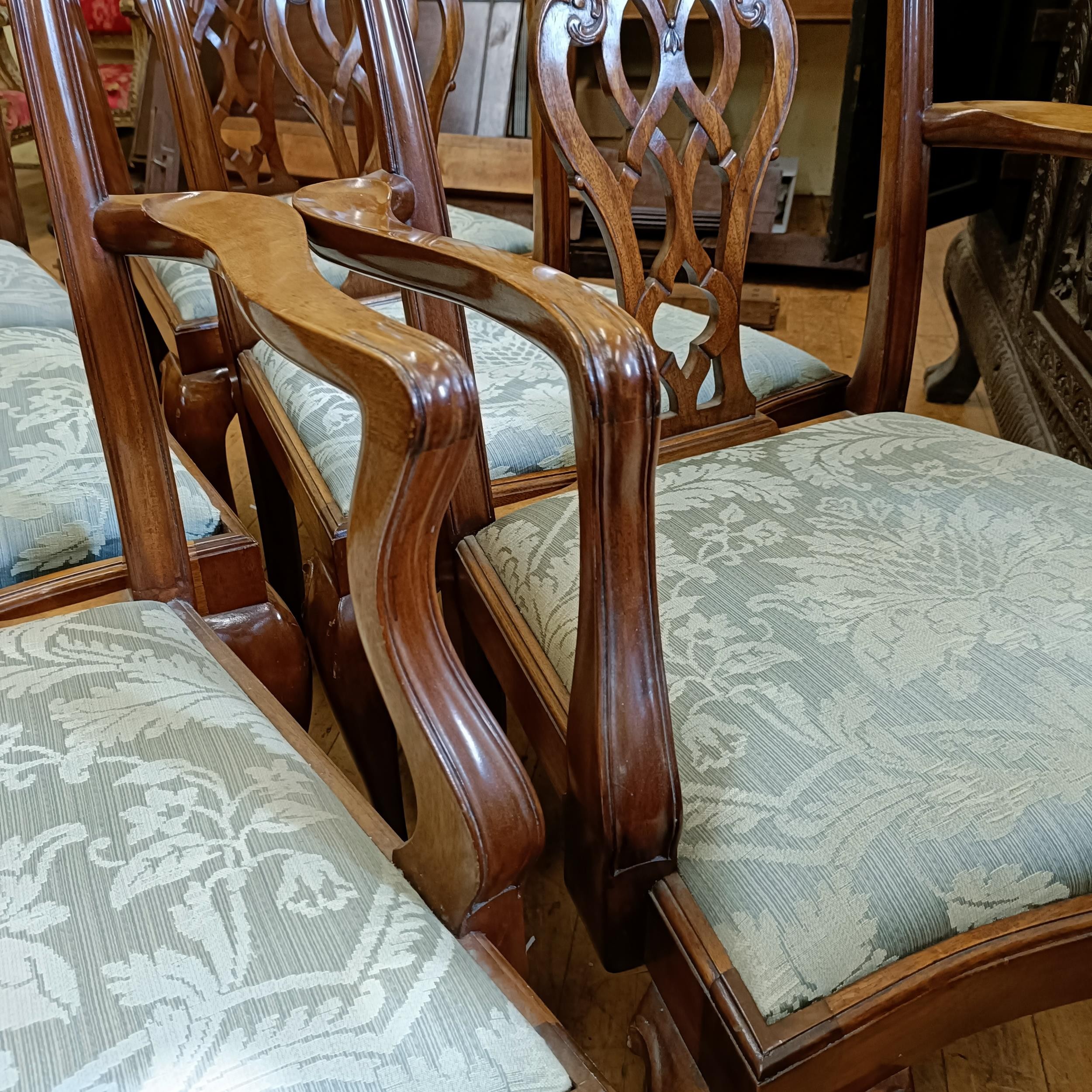 A set of six Chippendale style mahogany dining chairs with pierced splats, drop in seats, cabriole - Image 5 of 9