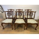 A set of six Chippendale style mahogany dining chairs with pierced splats, drop in seats, cabriole