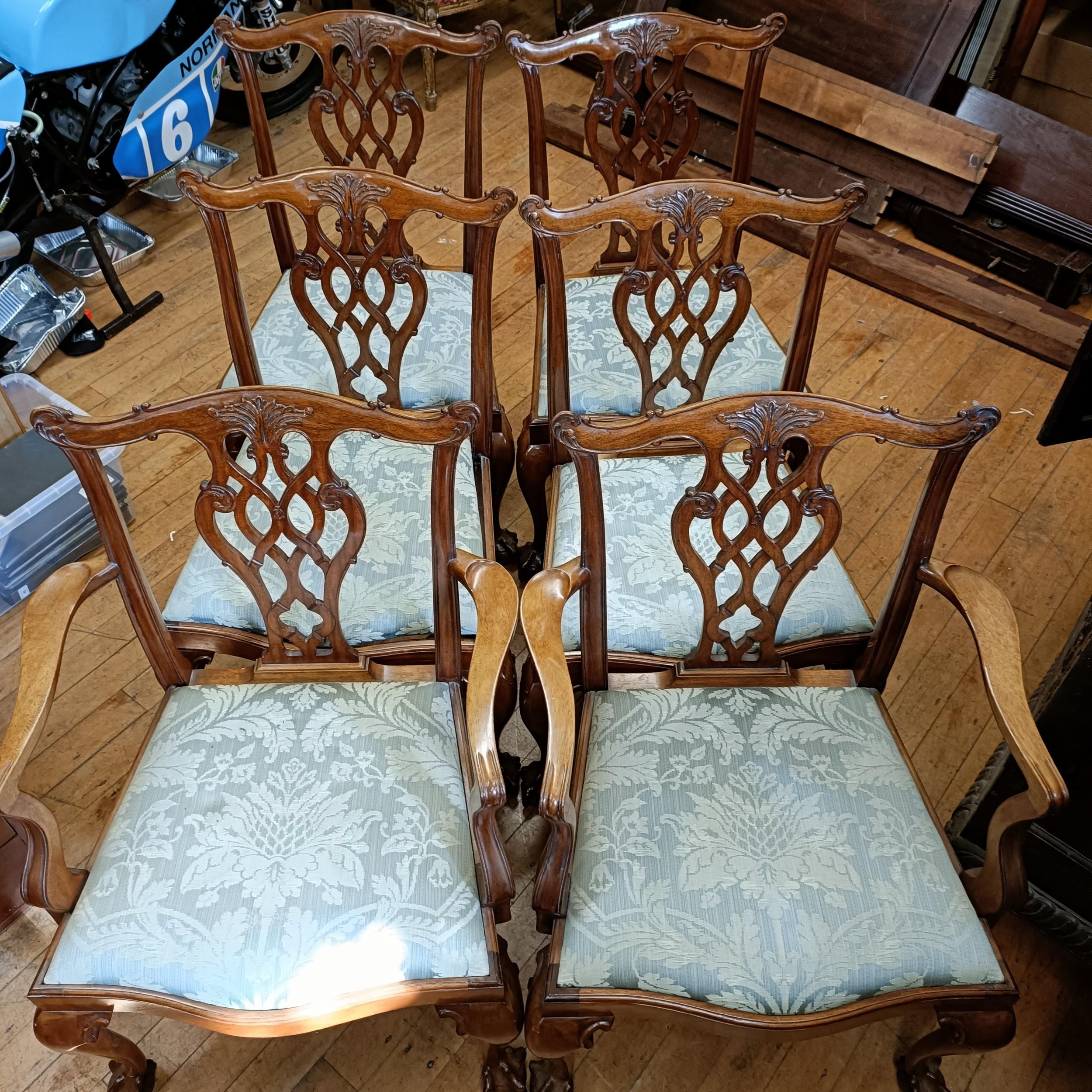 A set of six Chippendale style mahogany dining chairs with pierced splats, drop in seats, cabriole - Image 2 of 9