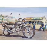 Roy Barrett, a Suzuki GT750 by the pier, watercolour, signed, 38 x 53 cm From the estate of the late