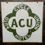An Auto Cycle Union Hotel double sided enamel sign, 51 x 51 cm