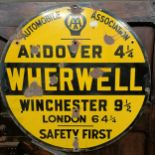 An Automobile Association Andover 4 1/4 Wherwell Winchester 9 1/2, London 64 1/4 Safety First enamel