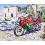 Roy Barrett, Lords of the Manor (Ducati's), watercolour, signed, 37 x 45 cm From the estate of the