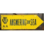 An AA Angmering-on-Sea enamel double sided arrow sign, 26 x 76 cm Some loss and chips