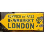 An AA Norwich By Pass Newmarket London enamel arrow sign, 31 x 76 cm Some loss and chips, the