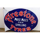 A Firestone Tyres Most Miles Per Shilling double sided flanged enamel sign, 41 x 54 cm A few nibbles