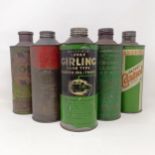 A Castrol oil can, a Wakefield Luvax Girling oil can, and three other oil cans (5)