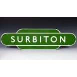 A Surbiton railway station enamel totem sign, 26 x 92.5 cm Generally good, but a couple of minor