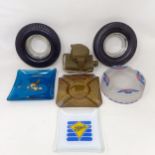 A Silvertown Oils brass ashtray, a Regent Ethyl glass ashtray, four other vehicle related ashtrays