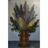 Herbert Carmichael, Delphiniums in a Chinese vase, oil on canvas 110 x 71cm, artist's label verso