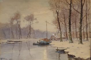 20th century, Continental school, winter landscape, indistinctly signed and dated 1919, 35 x 62 cm