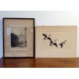 An etching, of a cathedral, 33 x 24 cm, and three geese, etching, indistinctly signed in pencil,