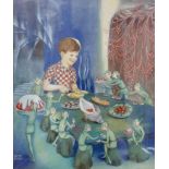 Daphne Rowles, a book illustration, a young boy having tea with the elves, gouache, signed, 37 x