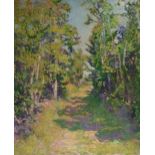 Late 19th/early 20th century, a woodland pathway, oil on canvas, indistinctly signed, 76 x 66 cm