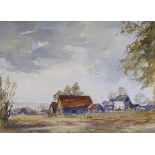 D N Morgan, landscape with farm buildings, watercolour, signed, 32 x 40 cm, and another similar,