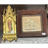 A print of an angel, in a gilt gesso gothic frame, 35 x 14 cm, and a paper cut out of a galleon,