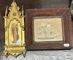 A print of an angel, in a gilt gesso gothic frame, 35 x 14 cm, and a paper cut out of a galleon,