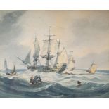 A late 19th/early 20th century, a galleon, watercolur, 23 x 28 cm, and print of a landscape, 39 x 28