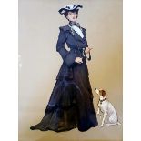 Early 20th century, English school, portrait of a lady with her dog, gouache, 62 x 46 cm Overall