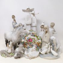 A Lladro figure of a girl holding a lamb, 27 cm high, assorted Lladro other figures, a Coalport