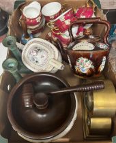 A 19th century teapot, a part dessert service, a treen nutcracker and stand, and assorted other
