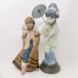 A Lladro figure of a boy carrying a lamb, 24 cm high, and a Lladro figure of a geisha holding a