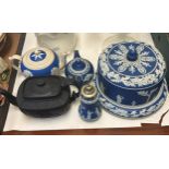 A blue Jasperware cheese dish and cover, assorted other Jasperware, and a Dresden oil lamp (6)