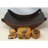 A 19th century mahogany cheese coaster, and four pieces of Mauchline ware (5)