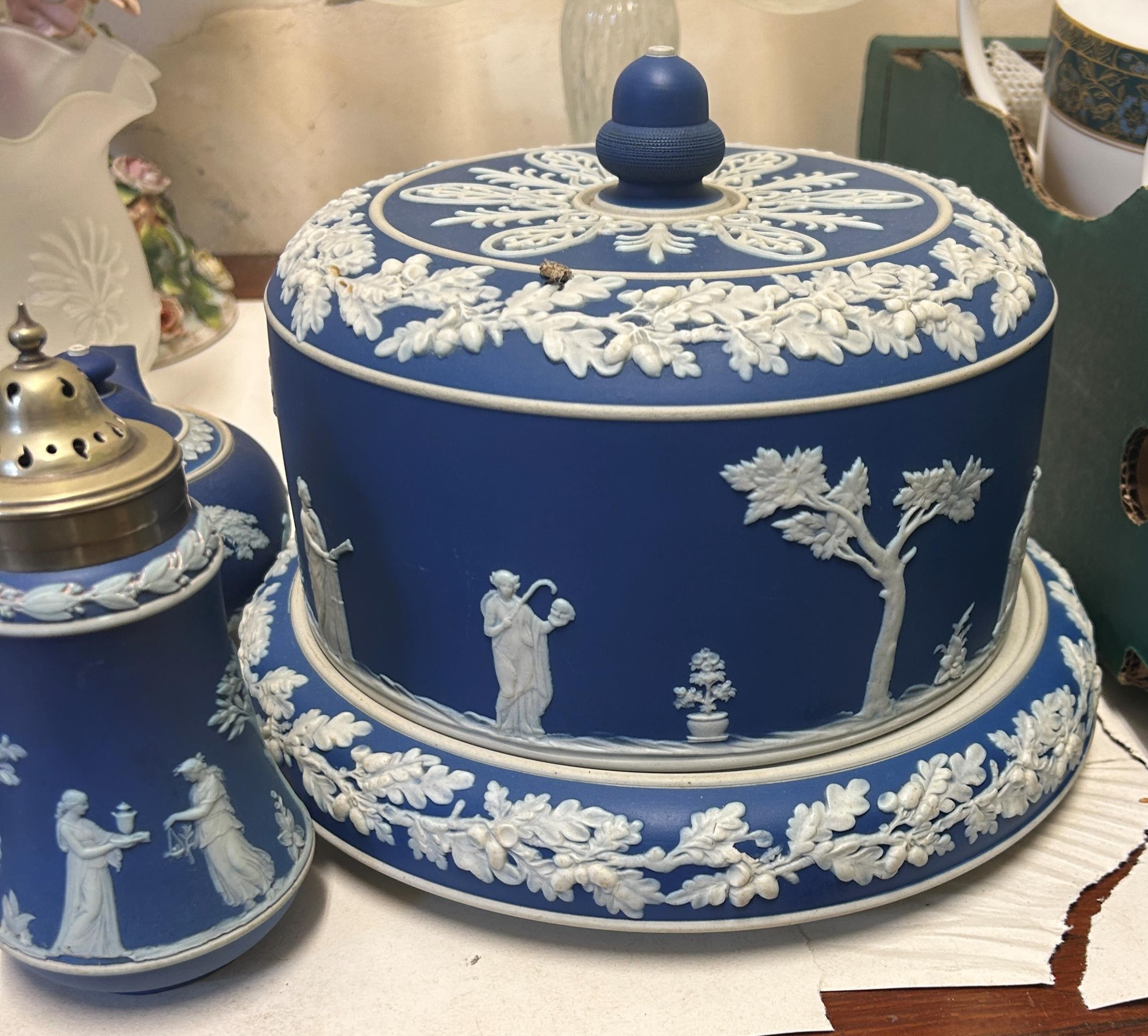 A blue Jasperware cheese dish and cover, assorted other Jasperware, and a Dresden oil lamp (6) - Image 2 of 3