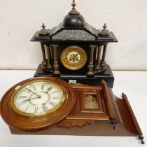A mantel clock, in a slate case, 45 cm wide, and a wall clock in a mahogany case (2)